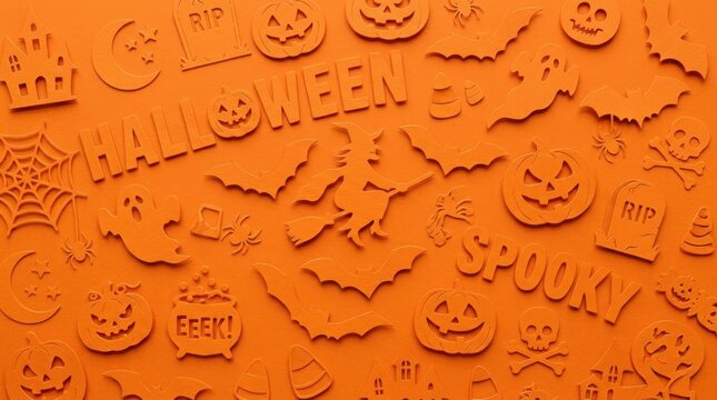 Vibrant orange paper cut out Halloween flat lay background featuring spooky icons like pumpkins, ghosts, bats, and witches with festive typography for autumn holiday greeting cards and web banner
