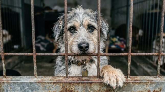 Heartbroken scruffy homeless dog peering through rusty metal bars in an animal shelter cage waiting for adoption and a new home with soulful eyes that capture the lonely reality of abandoned pets now.