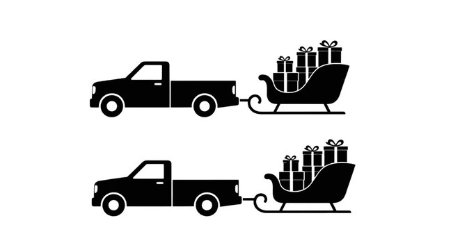 Vector illustration of pickup truck pulling a christmas sleigh full of gift boxes on a transparent background