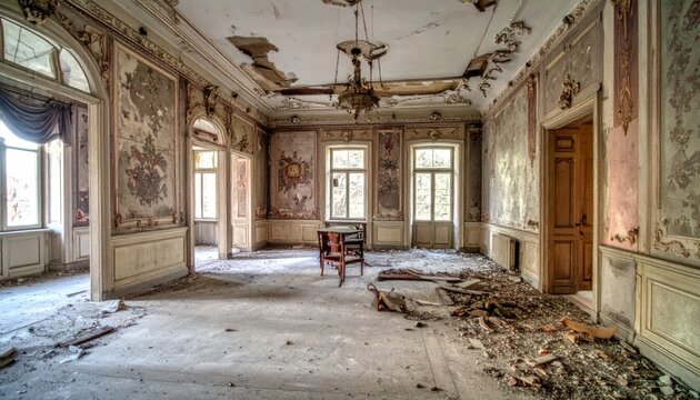 Abandoned ornate ballroom with peeling wallpaper, damaged ceiling, debris on floor, and decaying grandeur