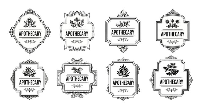 Elegant vintage apothecary labels with botanical illustrations and intricate scrollwork, ideal for natural product branding, packaging, and traditional health design.