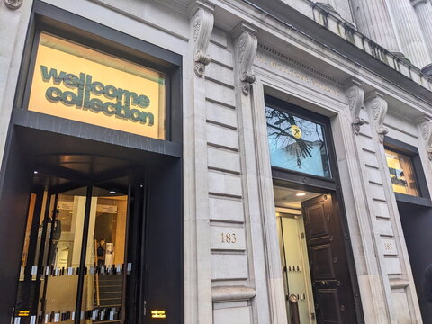 Exterior view of the Wellcome Collection entrance at The Wellcome Building on Euston Road in London