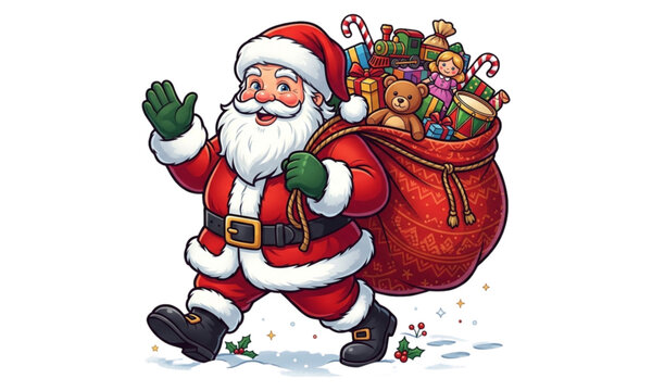 Santa Claus Walking and Carrying Huge Sack Full of Christmas Toys Vector Illustration