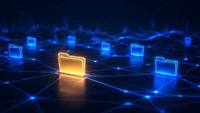 Glowing digital folder icons connected by bright lines in a dark cyberspace network highlighting a specific yellow data file for secure information retrieval