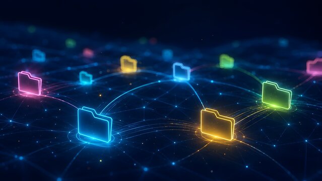 Multicolored glowing folder icons connected across a dark digital network representing diverse data classification distributed ledgers and complex information systems