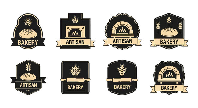 Classic artisan bakery emblems with bread, wheat, and oven symbols, concept for authentic handcrafted food branding, ideal for bakery branding, menu design, and packaging labels.