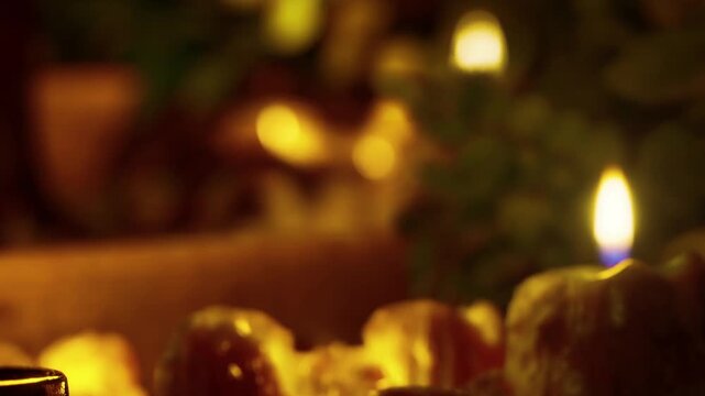 People gather in a cozy space where candles provide warm light. The atmosphere is filled with conversation and the scent of food. The gathering creates a friendly vibe.