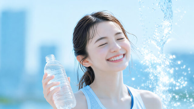 真夏に水分補給をしてリフレッシュするランニングウェア姿の若い女性
