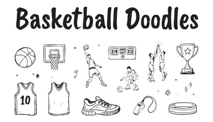 Basketball doodles collection including players hoop score board jersey shoes and championship trophy. © Mohammad