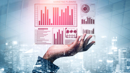 A creative representation of marketing planning featuring hand-held graphs and charts against an urban skyline, symbolizing business strategy and data analysis. Impute © InfiniteFlow