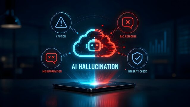 AI hallucination misinformation concept featuring glowing hologram with caution bad response and integrity check icons divided in blue and red