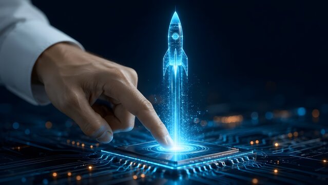 Hand Touching Glowing Artificial Intelligence Microchip Launching Holographic Space Rocket for Startup Success
