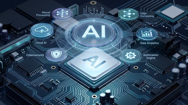 Artificial intelligence microchip on motherboard with holographic interface for neural processing and data analytics representing modern tech infrastructure