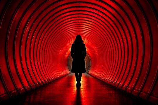 Back View of a Lone Solitary Woman's Silhouette Figure Puppet Walking Through an Amazing Panic Red Tunnel Creative Limitless Lovely Walkway Stroll Rubber Room Light at the End of the Tunnel Sewer Shot