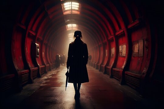 Back View of a Lone Solitary Woman's Silhouette Figure Puppet Walking Through an Amazing Panic Red Tunnel Creative Limitless Lovely Walkway Stroll Rubber Room Light at the End of the Tunnel Sewer Shot
