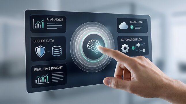 Artificial intelligence control dashboard operated by hand displaying neural network analysis secure data handling and automation flow