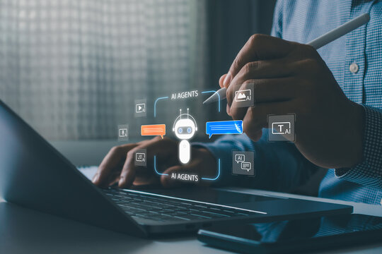 Multi AI agent concept. Man using laptop with virtual chatbot icons and automation workflow, intelligent systems collaboration, generative artificial intelligence and digital business transformation.
