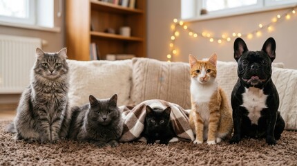Naklejka na ściany i meble A charming group of diverse domestic pets featuring four fluffy cats and one black French Bulldog sitting together on a soft brown rug in a cozy home interior with warm bokeh lights and homey
