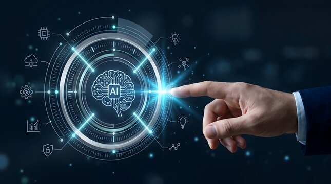 Corporate artificial intelligence strategy implementation with business person interacting with glowing smart brain digital dashboard