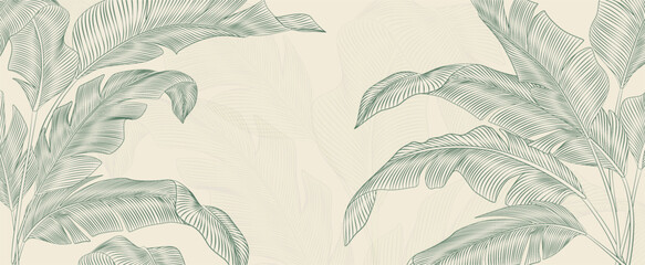 Fototapeta na wymiar Luxury tropical art background with exotic leaves in a hand-drawn line style. Botanical banner for decor, prints, wallpaper, textiles, posters, and interiors.