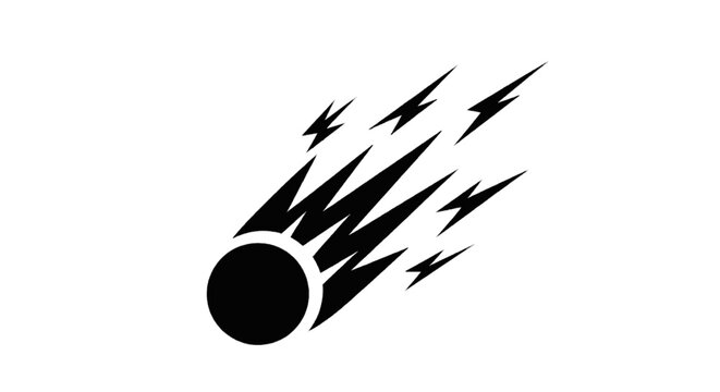 Vector illustration of black silhouette of a comet or meteor with motion trail and lightning bolts on a transparent background