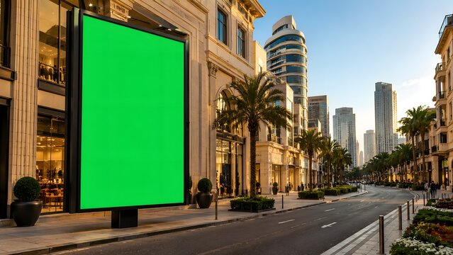 Green Screen Billboard on Urban Street with Palm Trees and City Skyline