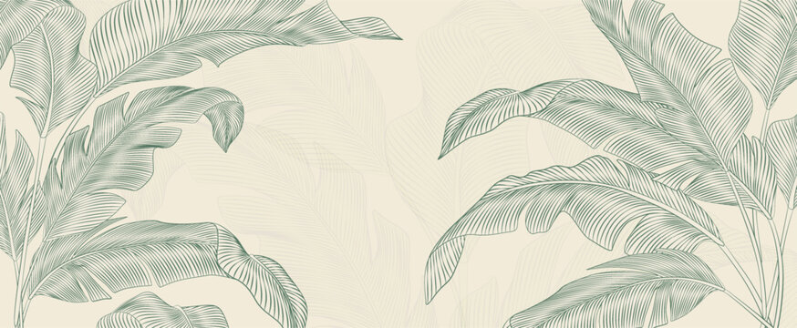 Luxury tropical art background with exotic leaves in a hand-drawn line style. Botanical banner for decor, prints, wallpaper, textiles, posters, and interiors.