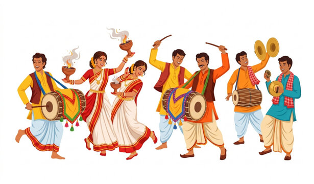 Traditional Indian Dhunuchi Dance with Dhak Drummers Vector Illustration