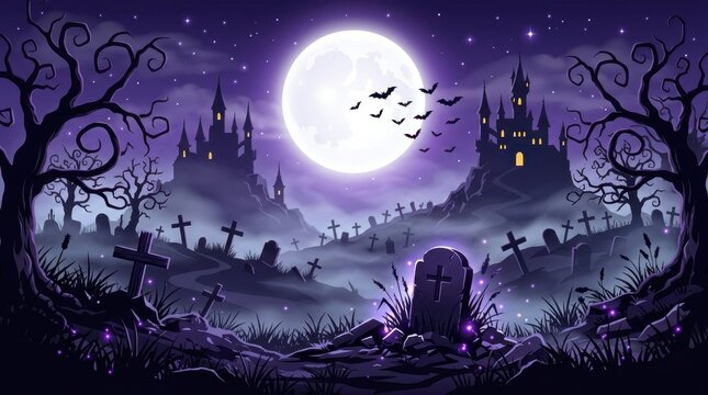 Spooky haunted graveyard illustration under a glowing full moon with eerie castles and flying bats creates a perfect atmospheric background for Halloween night celebration and mysterious themed scene.