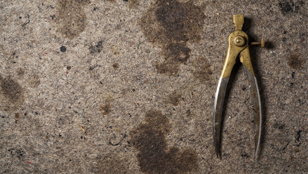 An antique brass drafting divider caliper lies on a stained vintage background