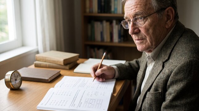 Older Man Reflecting Over Workbook In Quiet Home Study Space