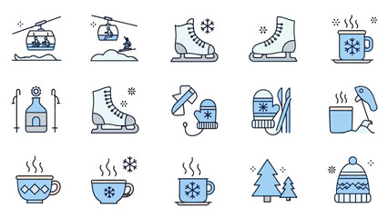Collection of winter sport and cozy activity icons, including ski lifts, ice skates, hot drinks, and winter clothing. © Oska