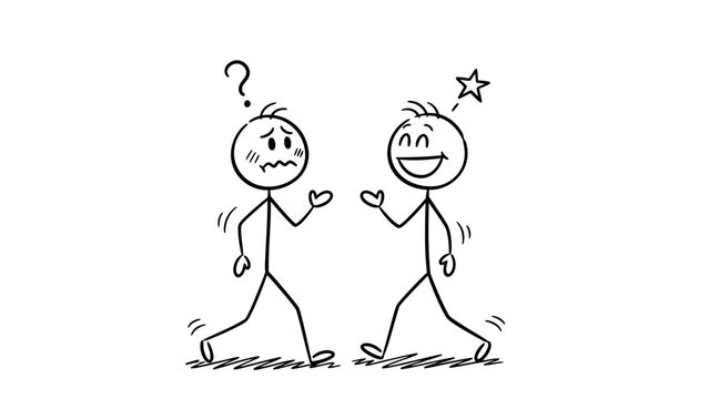 Two stick figures in a conversation, one confused with a question mark above its head, the other happy with a star.