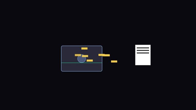 Data transfer animation: digital file upload process with moving packets and server on dark 4k background