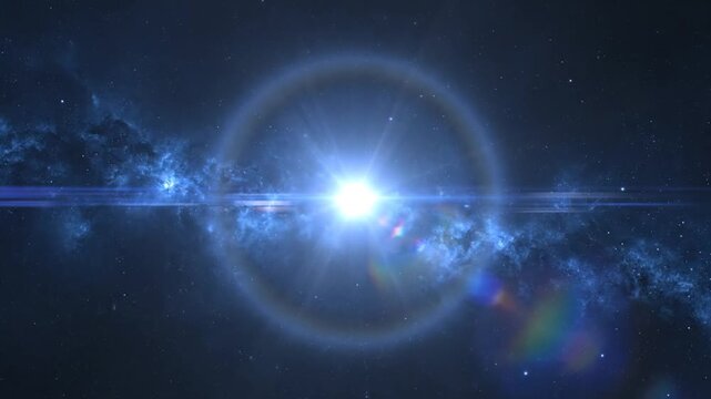 Bright star shines in deep space with glowing nebula and light lens flare
