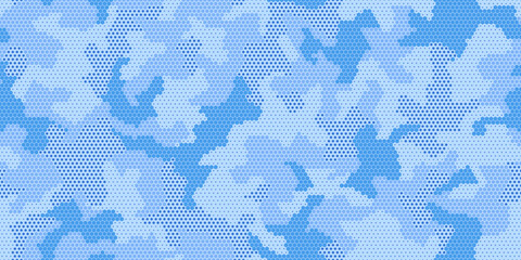 Full Seamless sky blue camo halftone background. Pale and bright blue camouflage patches create a fresh military inspired print for fabric, kids wear and wallpaper. © MSK Design