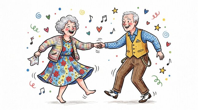 Happy senior couple dancing together in joyful celebration illustration with celebration lifestyle retirement marriage
