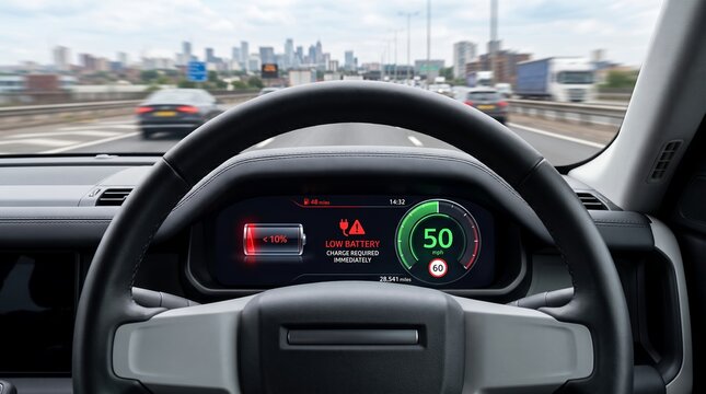 View from inside a car with a digital dashboard displaying a low battery warning and speed of 50 mph while driving on a highway with cityscape in distance electric vehicle