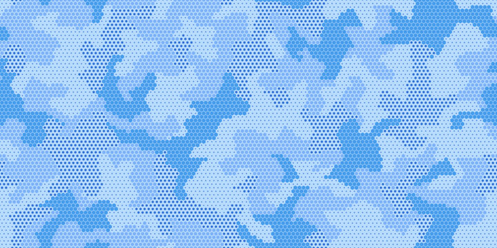 Full Seamless sky blue camo halftone background. Pale and bright blue camouflage patches create a fresh military inspired print for fabric, kids wear and wallpaper.