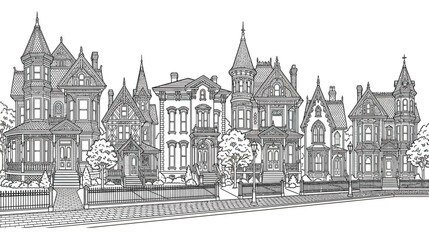 Obraz premium Ornate Victorian Row Houses Sketch, Historic Architecture, Black and White Line Art
