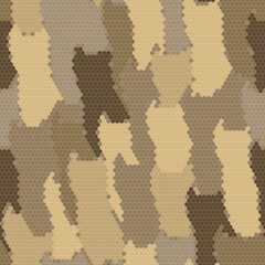 Fototapeta premium Full Seamless desert camouflage background. Sand, cream, taupe and dark brown patches form a dry terrain camo halftone pattern for outdoor fabric print, uniforms and bags.