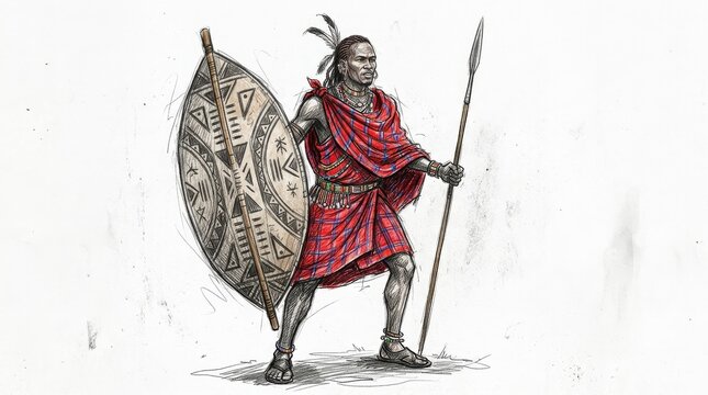 Maasai warrior in red shuka with traditional shield and spear tanzania tradition clothing indigenous heritage portrait