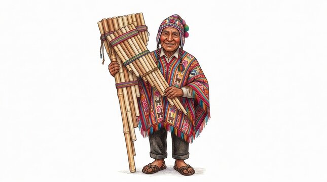 Andean person in traditional peruvian clothing playing large pan flute with musician panpipes peruvian traditional