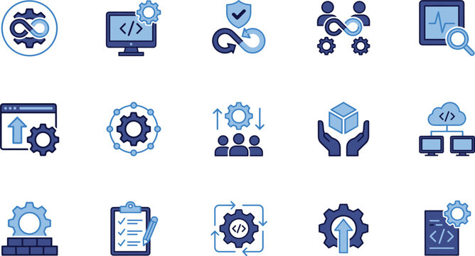 Software development devops icons blue series. Technical blue colored interface graphics represent agile infrastructure pipeline engineering, secure programming methods.