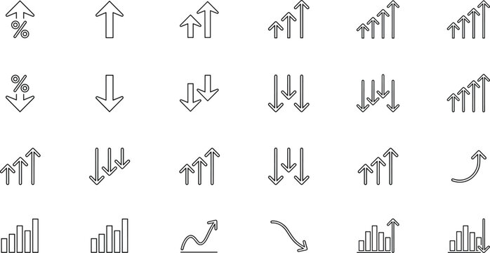 Financial arrow trend icons outline pack. Minimal line graphics represent market economy growth charts, decreasing sales statistics, value percent fluctuations and statistical analytics curves.