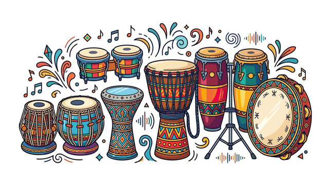 Vibrant Ethnic Drums Collection - Percussion Instruments and Musical Notes