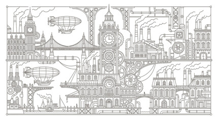 Obraz premium Steampunk Cityscape with Airships and Victorian Architecture