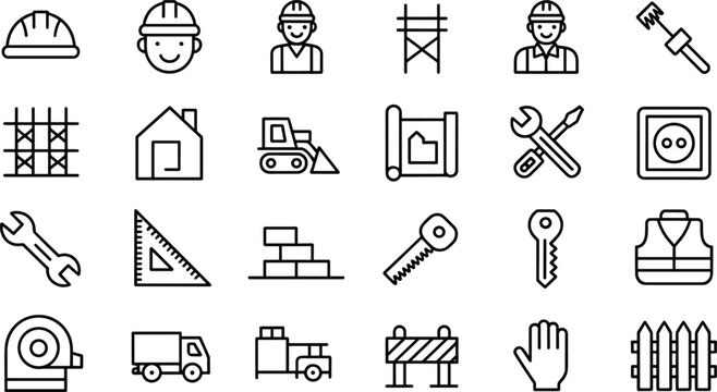 Construction tool outline icons flat vector illustration. Twenty four line symbols show architecture elements, under development equipment and engineering worker graphics.