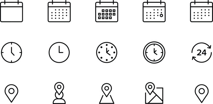 Calendar clock location icons flat vector illustration. Fifteen minimal stroke web UI graphics depict schedule planning, time tracking and map navigation.