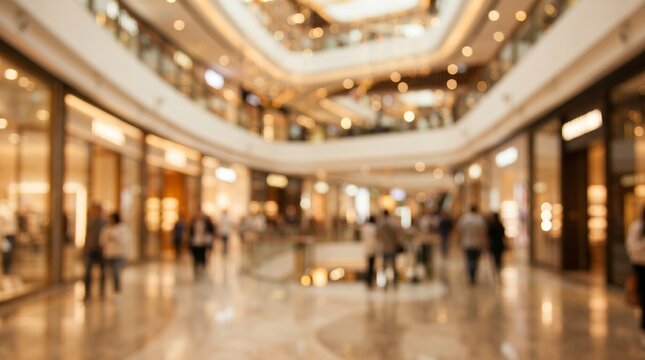 Blurred shoppers walking through a modern bright large commercial mall
